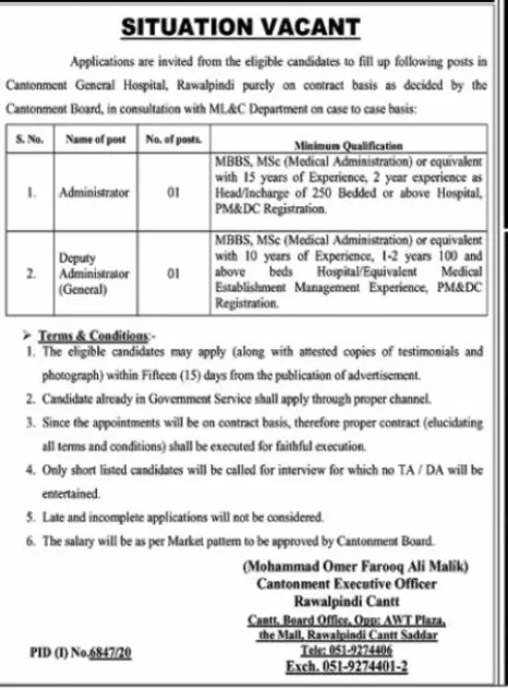 Cantonment General Hospital Rawalpindi New Jobs June 2021