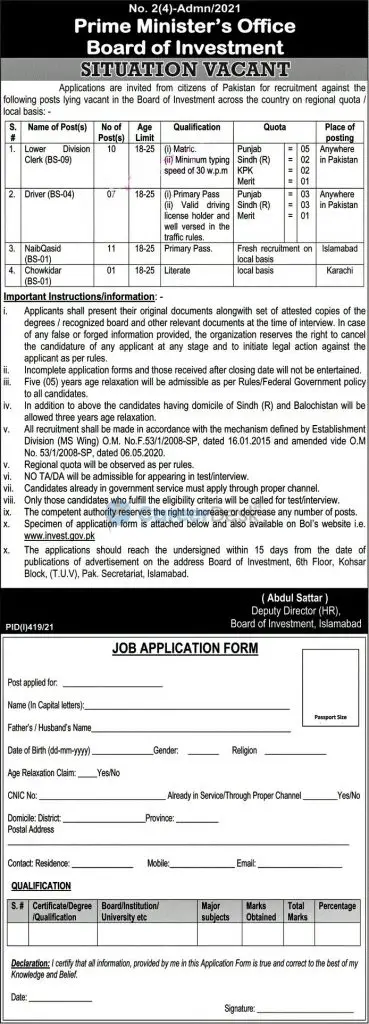 Prime Minister Office Board of Investment Jobs 2021
