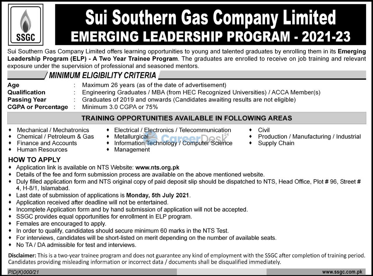 Sui Southern Gas Company Limited SSGC Emerging Leadership Program (ELP) 2021
