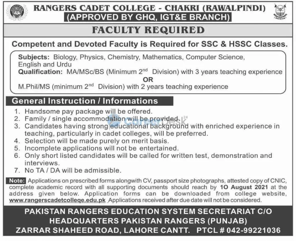 Pakistan Rangers Official College Rangers Cadet College Latest Jobs 2021