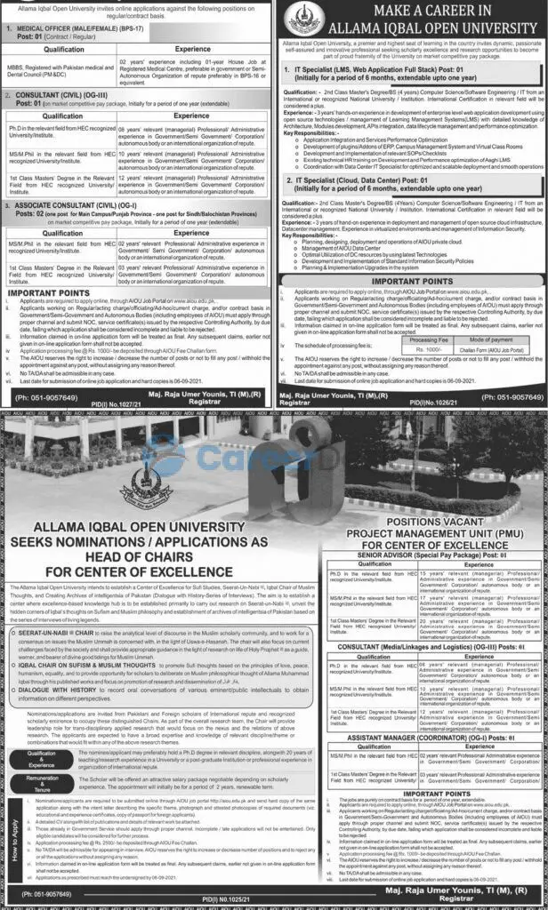 AIOU Allama Iqbal Open University Islamabad Jobs August 2021