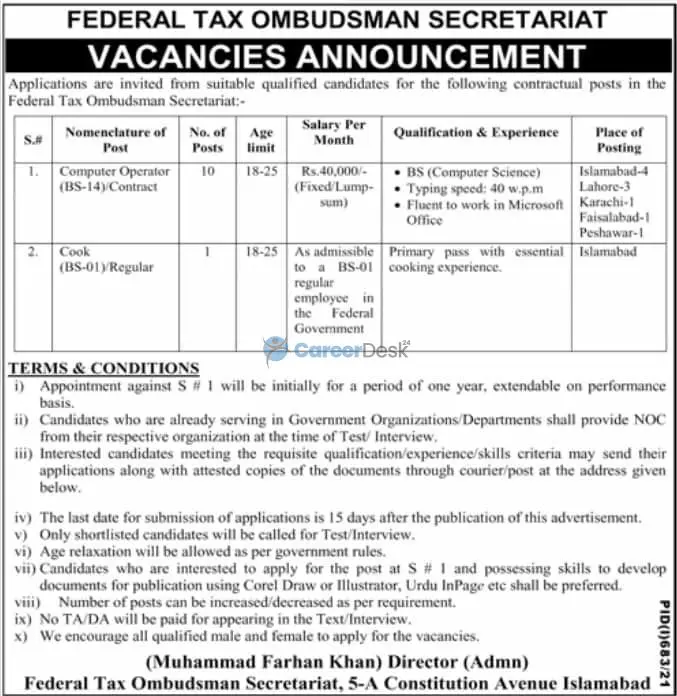 Federal Govt of Pakistan Federal Tax Ombudsman Latest Jobs 2021