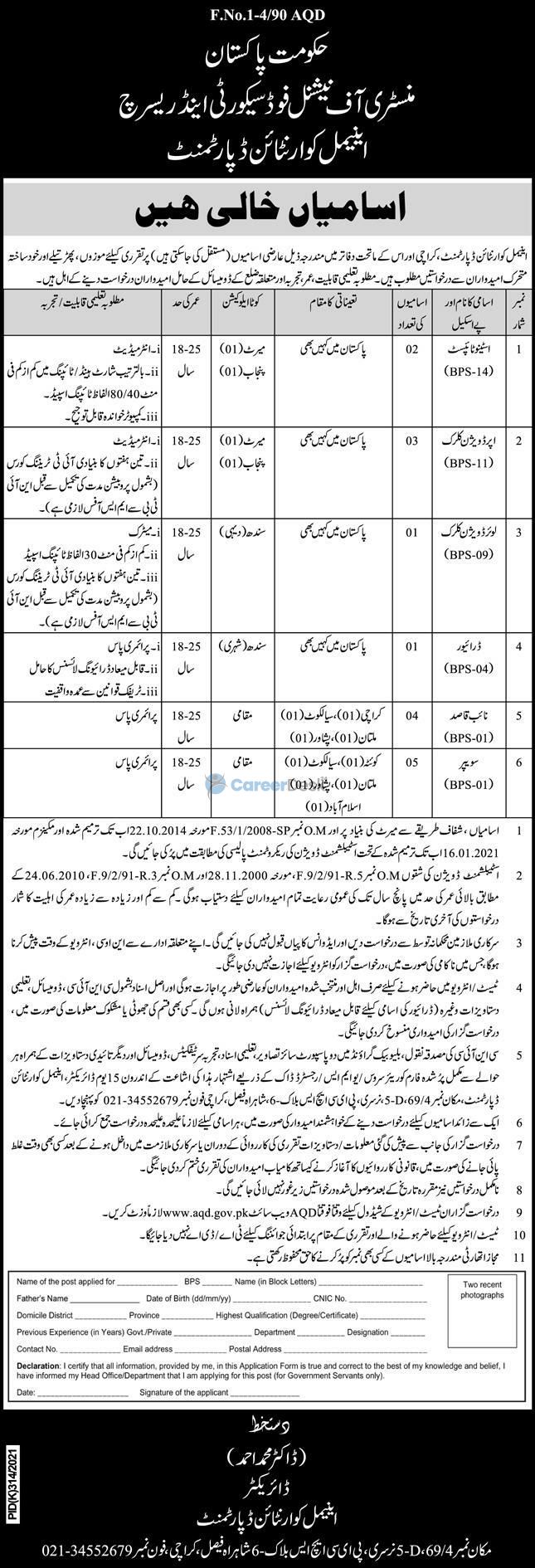 Ministry of National Food Security and Research Latest Jobs August 2021