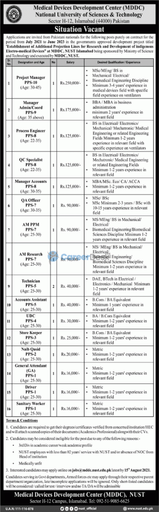NUST National University of Sciences and Technology Jobs August 2021