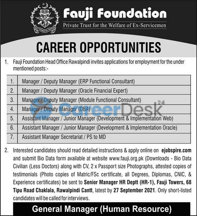 Fauji Foundation Latest Jobs Opportunities September 2021