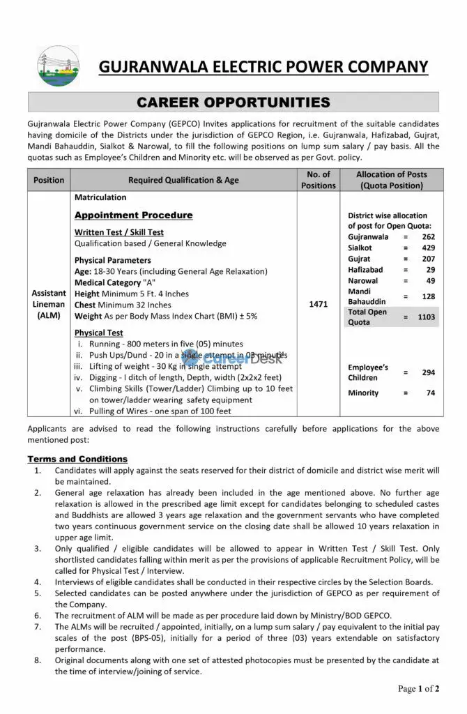 Latest Jobs in Wapda 2021 GEPCO Assistant Lineman ALM Jobs 2021