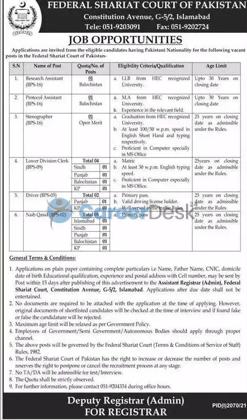Federal Shariat Court Latest Jobs 2021 in Pakistan