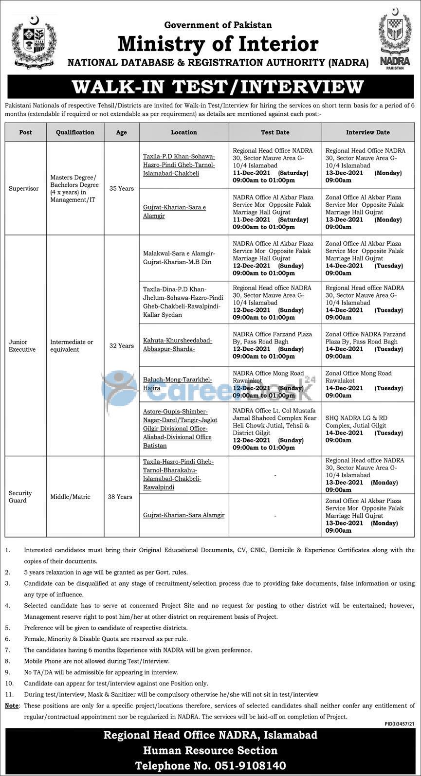 Ministry of Interior Latest Nadra Jobs 2021 in Pakistan