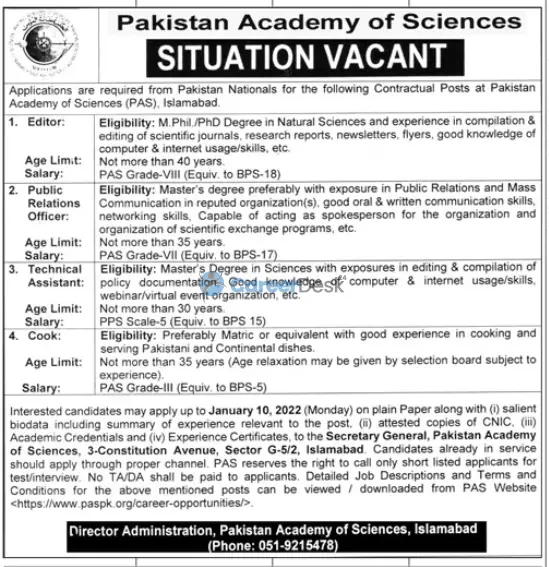 Pakistan Academy of Sciences PAS Latest Jobs December 2021
