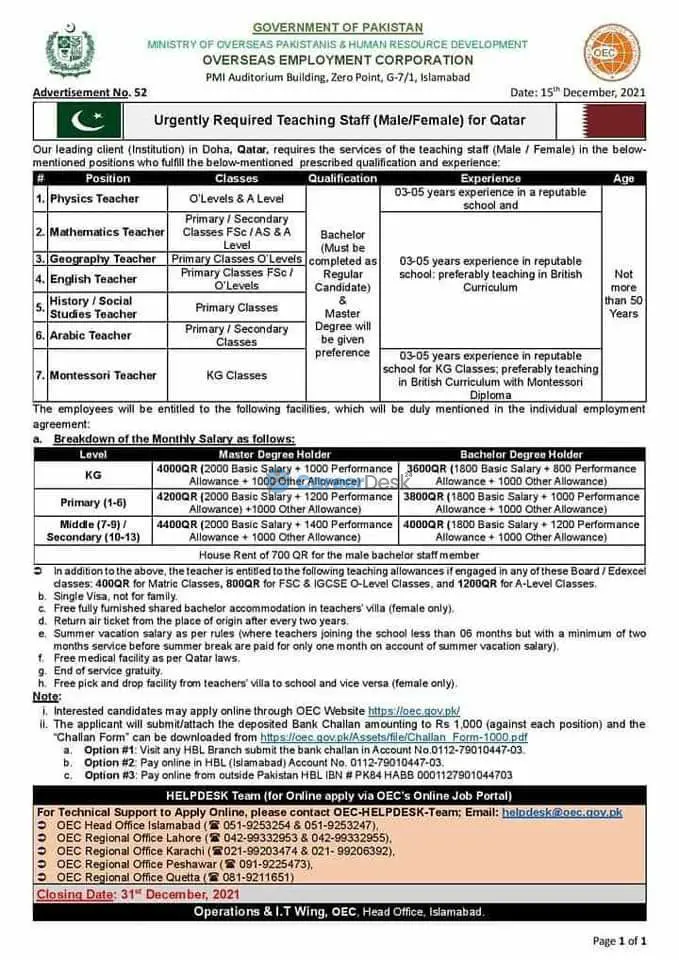 Teaching Jobs in Qatar for Pakistani by Overseas Employment Corporation 2021