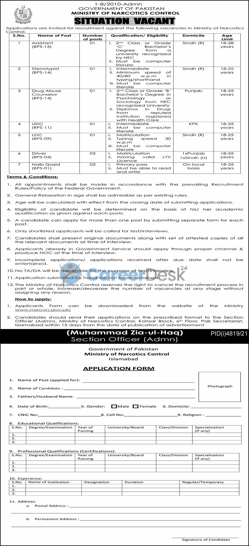 Government of Pakistan Ministry of Narcotics Control Latest Jobs 2022
