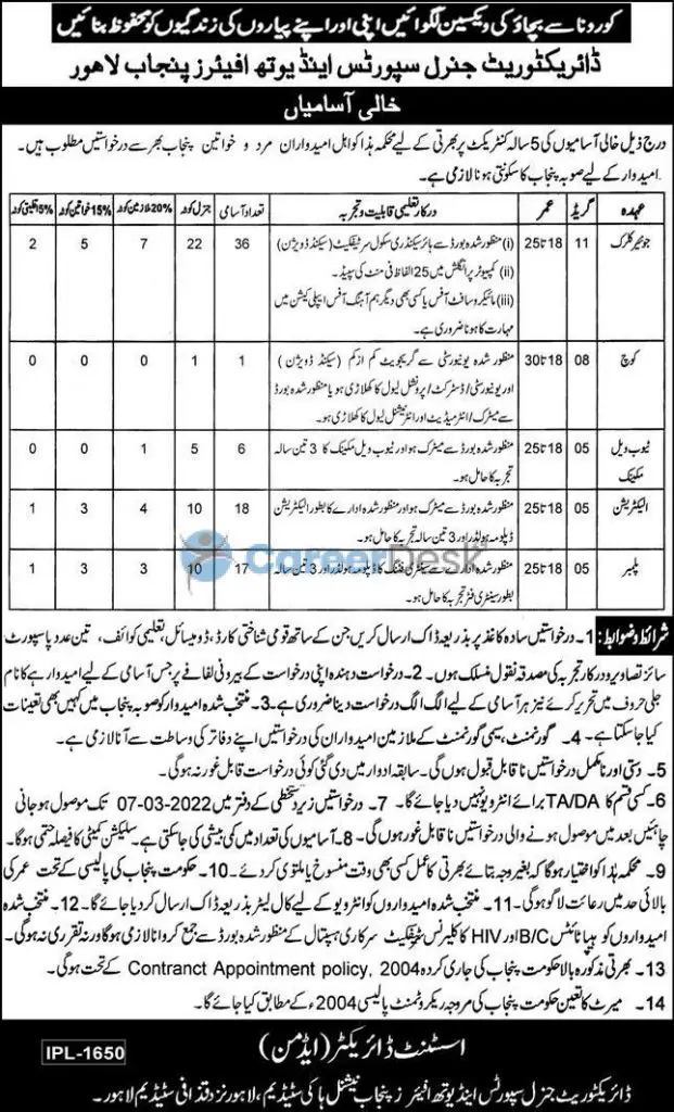 Punjab Govt Department of Youth Affairs and Sports Latest Jobs 2022