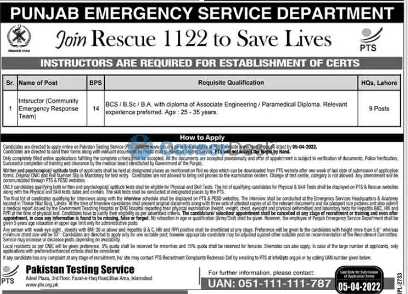 Punjab Rescue Service Department Rescue 1122 Latest Jobs 2022