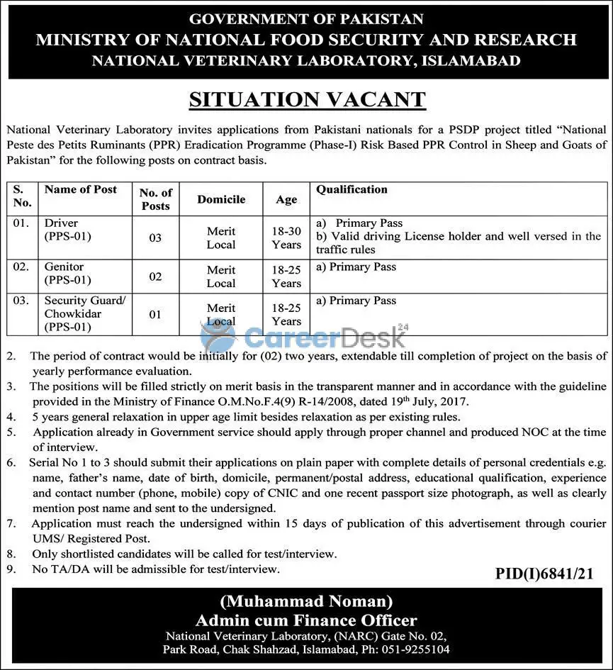 Federal Govt Jobs 2022 Ministry of National Food Security and Research