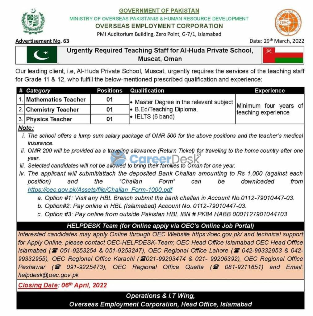 Muscat Oman Teaching Jobs Ministry of Overseas Department 2022 for Pakistanis