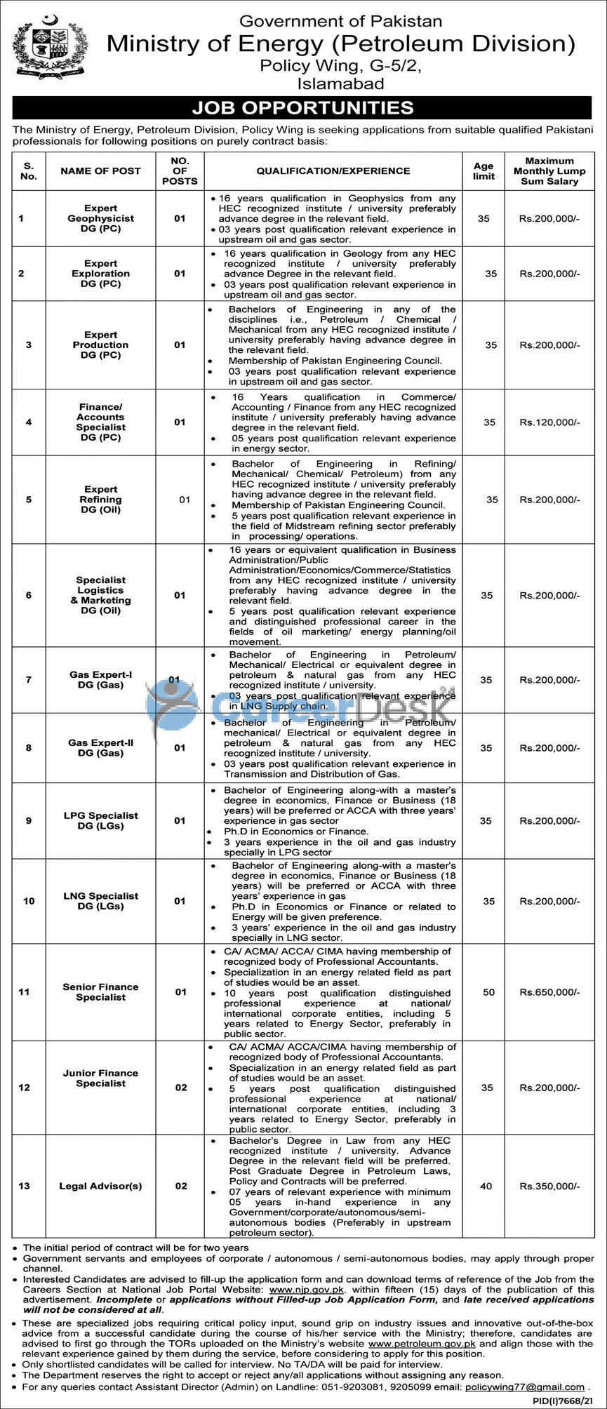 Ministry of Energy Petroleum Division Federal Govt Latest Jobs 2022
