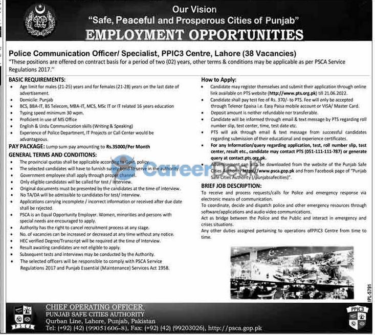 Punjab Police Lahore Jobs 2022 for Police Communication Officer