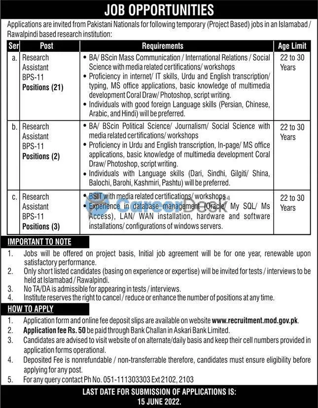 Ministry of Defense MOD Latest Jobs 2022 in Pakistan