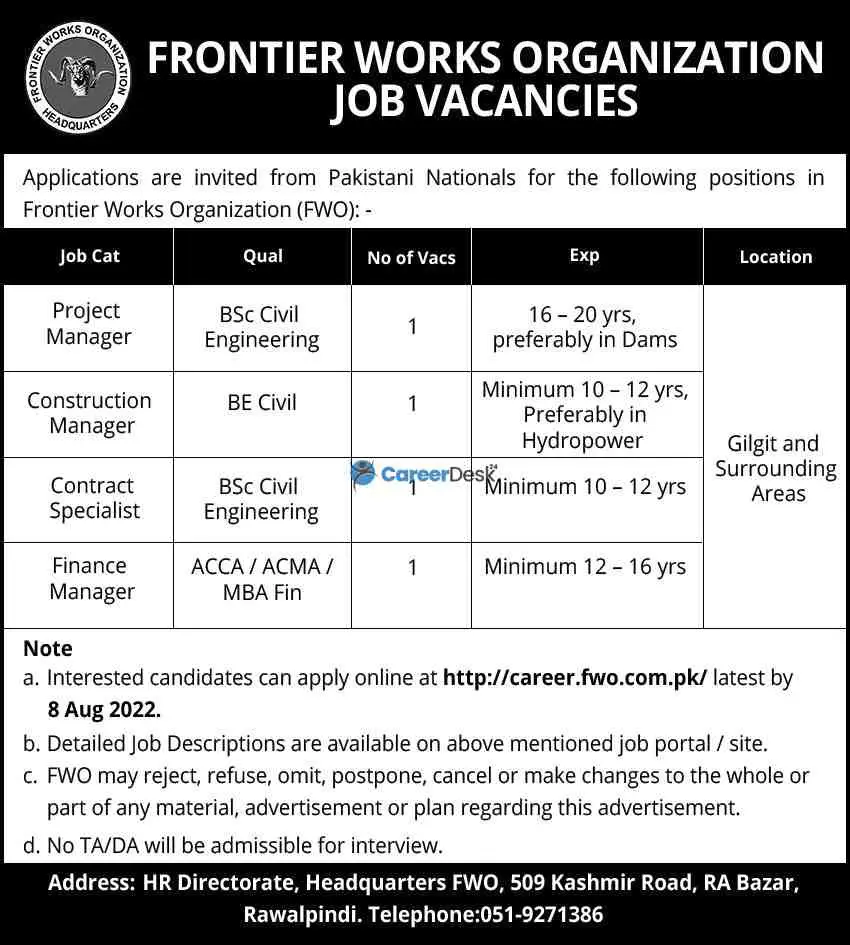 Frontier Works Organization FWO Jobs 2022 Apply Online
