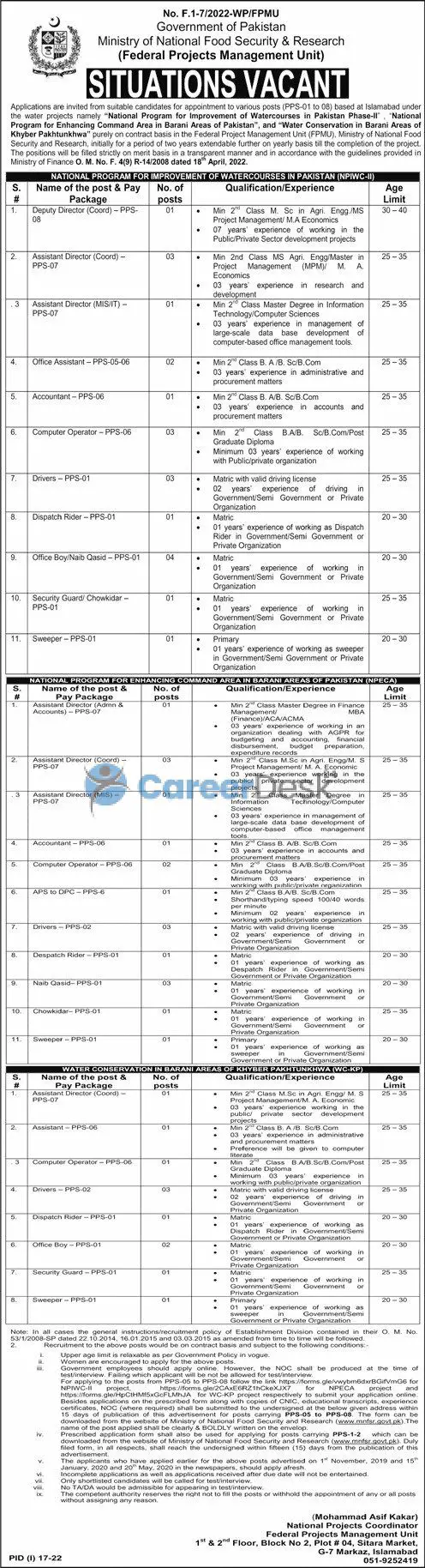 Federal Govt Ministry of National Food Security and Research Jobs 2022