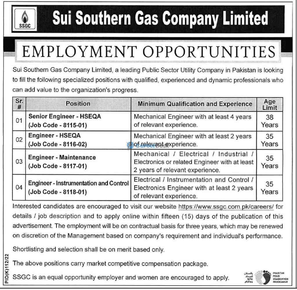 SSGC Sui Southern Gas Company Limited Jobs 2022