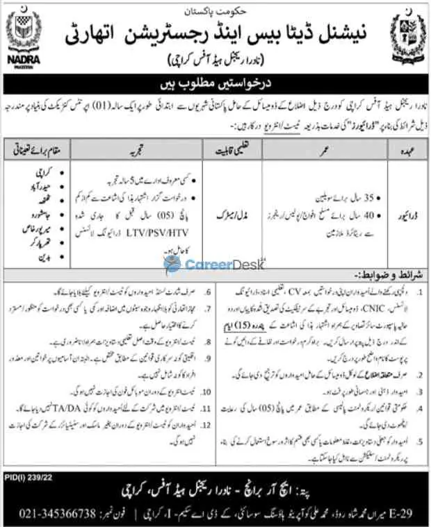 National Database and Registration Authority NADRA Announced Latest Jobs 2022