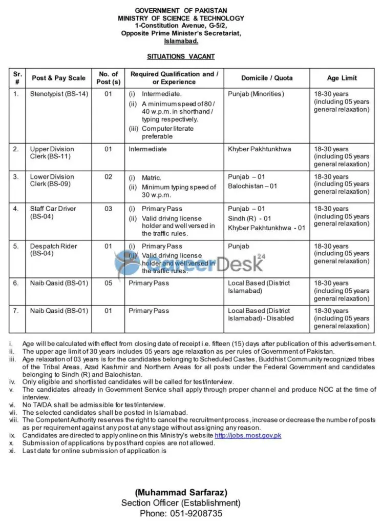 Federal Government Ministry of Science And Technology Jobs 2022