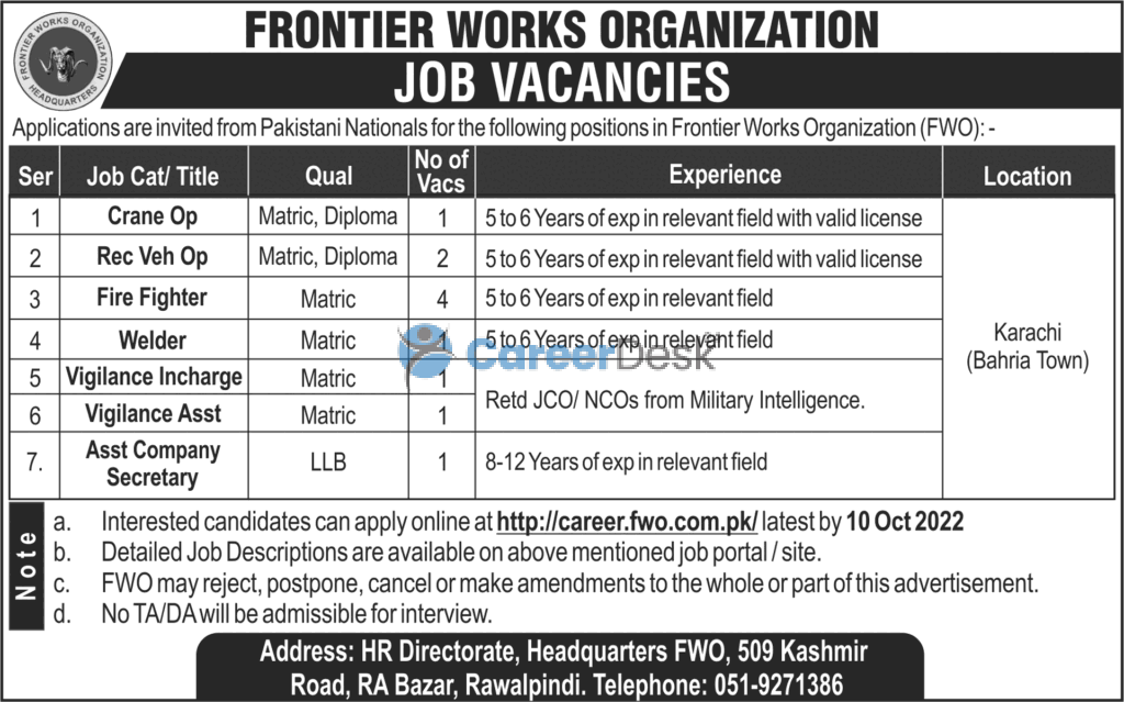 FWO Frontier Works Organization Jobs 2022 Apply Online