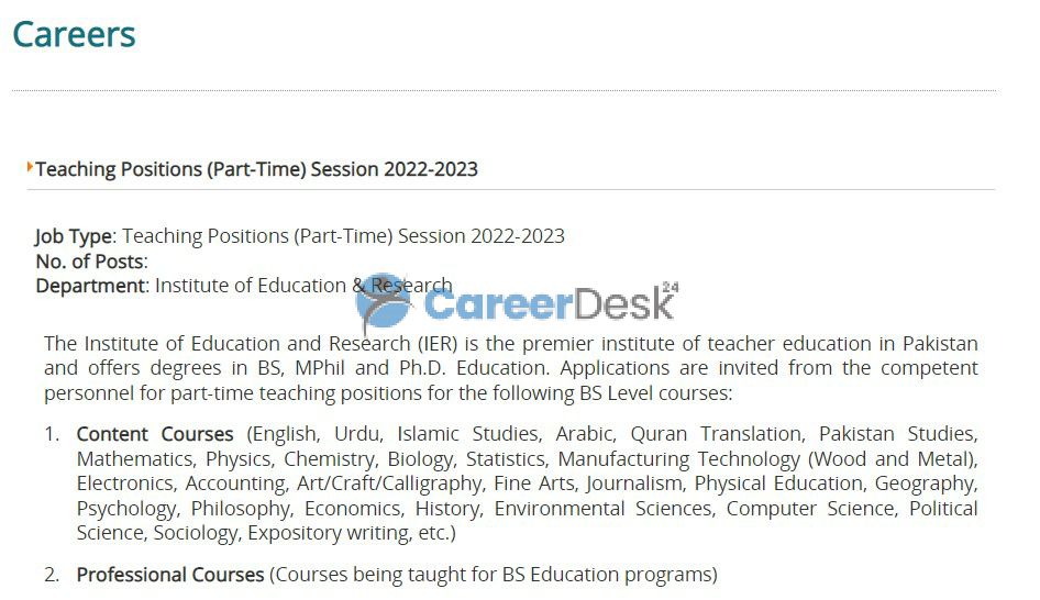 University of the Punjab PU Latest Teaching Jobs 2022