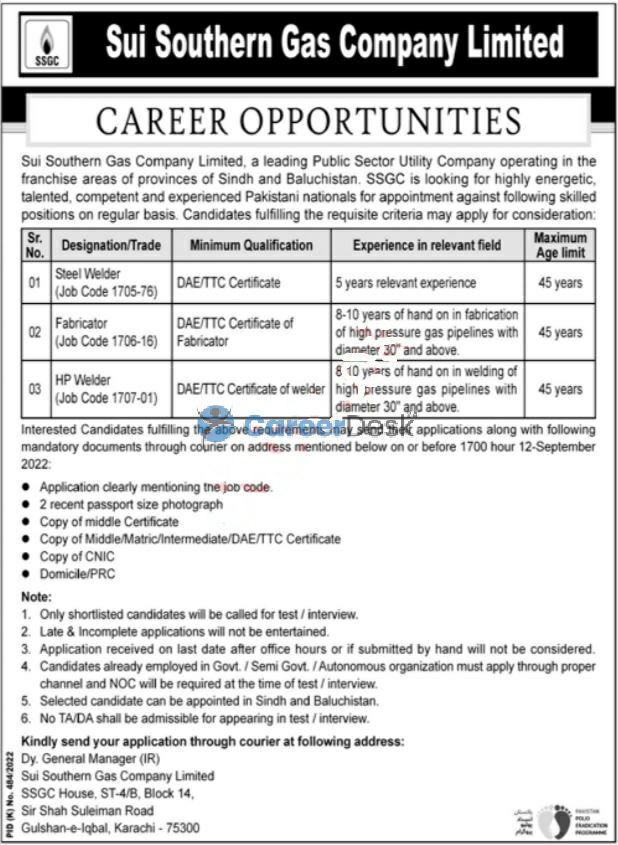 Sui Southern Gas Company Limited SSGCL Announced Latest Jobs 2022