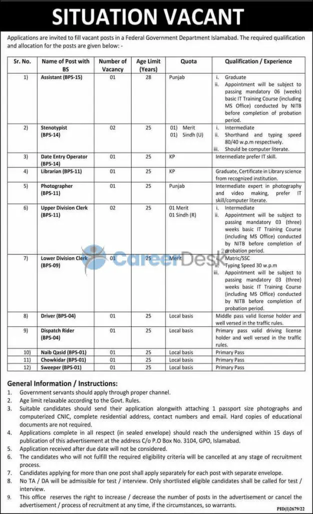Federal Government Department Jobs PO BOX 3104 Latest 2022