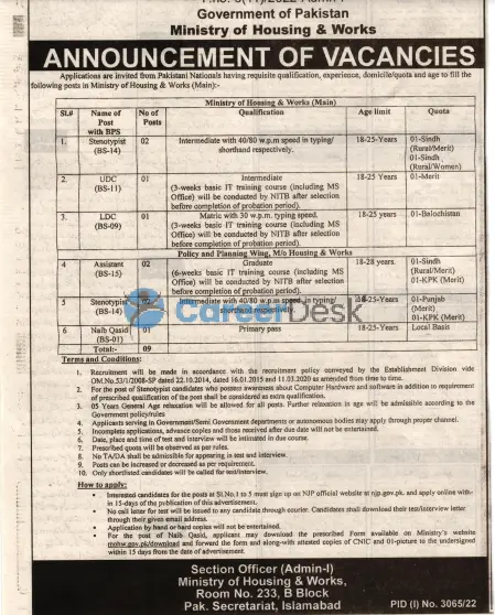 Federal Government Jobs in Ministry of Housing and Works 2022