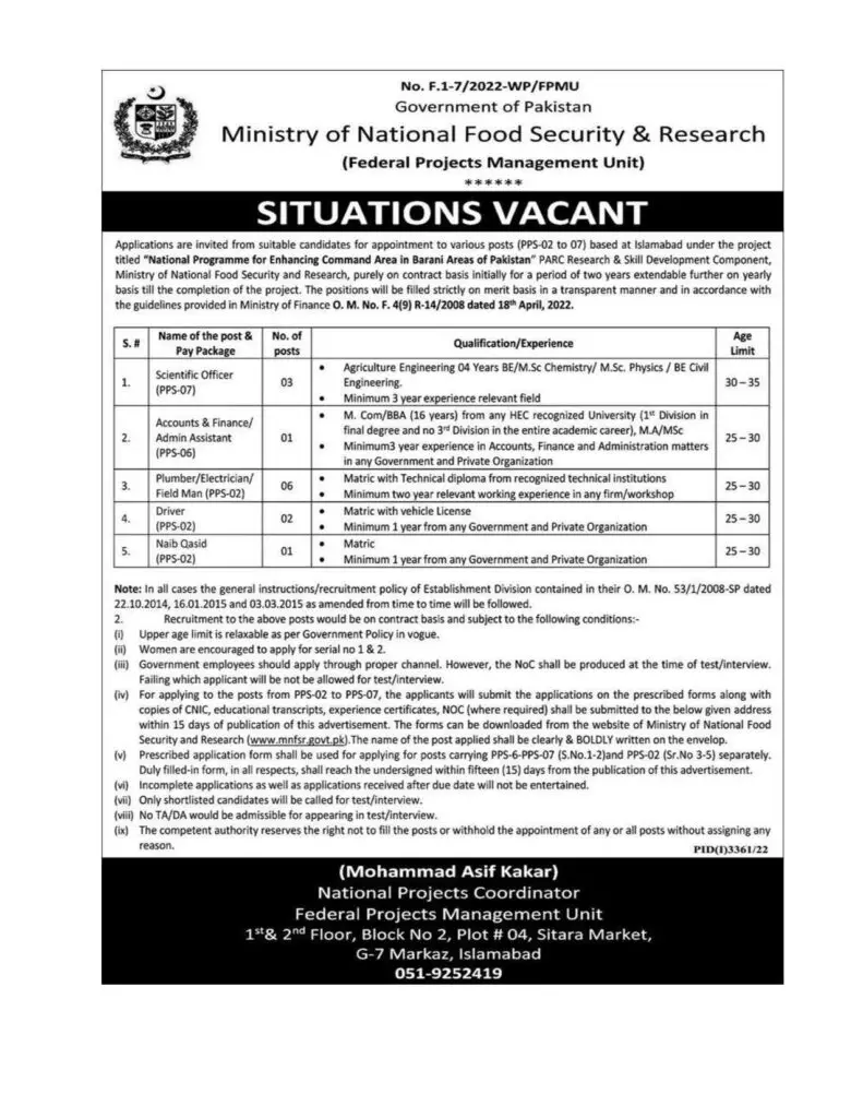 MNFSR Ministry of National Food Security and Research Jobs 2022