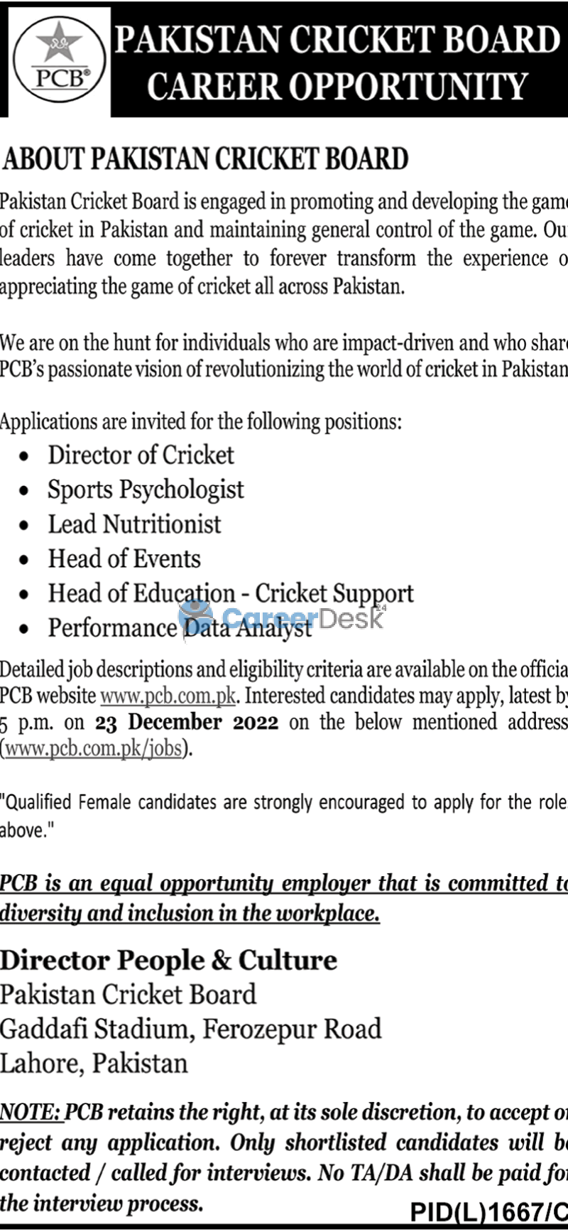 PCB Pakistan Cricket Board Announced Latest Jobs 2022