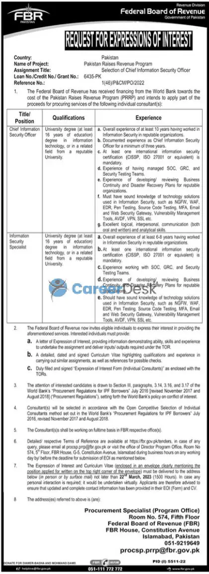 Federal Board of Revenue FBR Announced Latest Jobs 2023