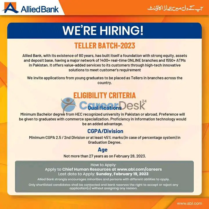 ABL Allied Bank Limited Latest Cashier Jobs 2023