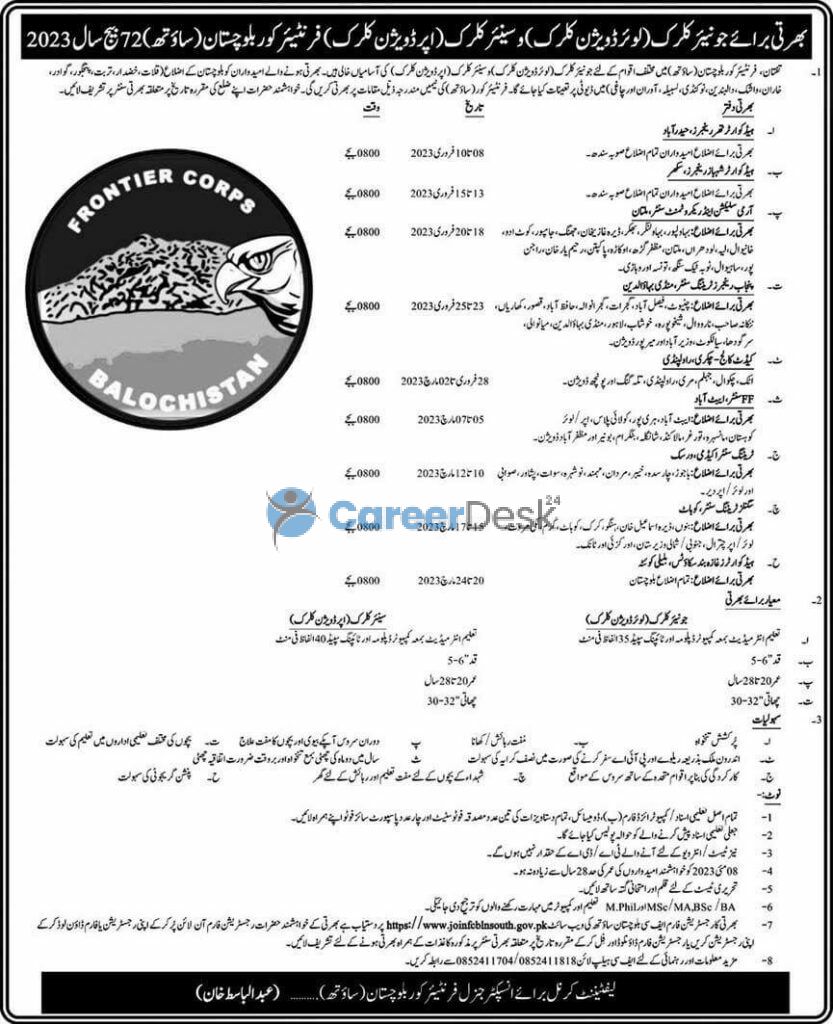 Frontier Corps FC Latest Jobs 2023 Apply Online