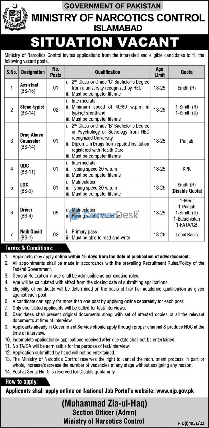 Ministry of Narcotics Control New Jobs 2023 Online Apply