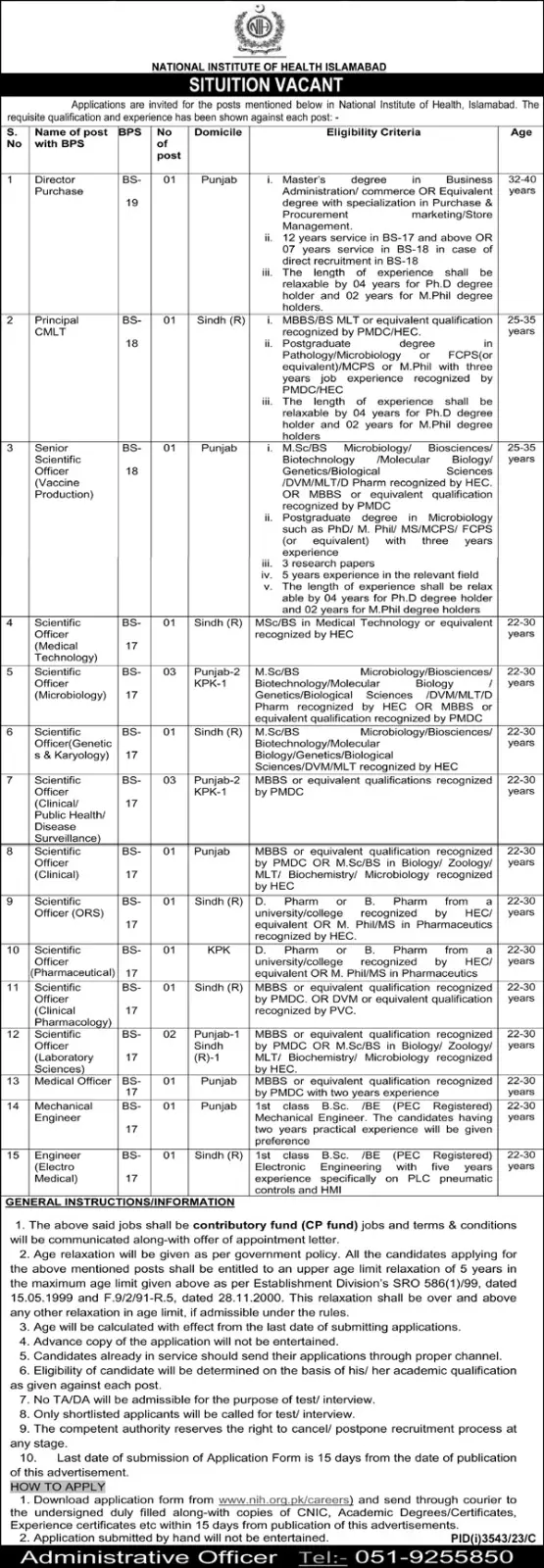 National Institute of Health NIH Islamabad Jobs 2023