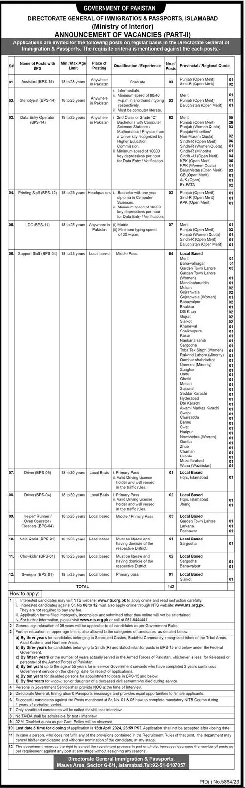 Ministry of Interior Directorate General Immigration and Passports Islamabad Jobs