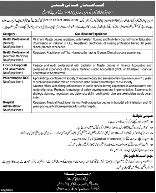 Islamabad Healthcare Regulatory Authority (IHRA) Jobs 2024