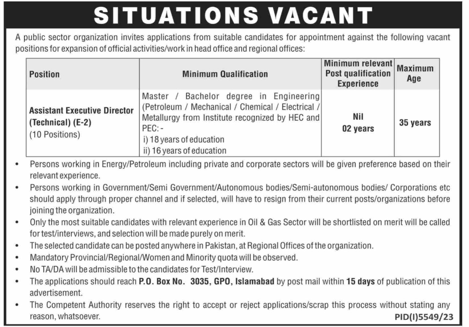 Public Sector Organization Islamabad PO BOX 3035 Jobs 2024