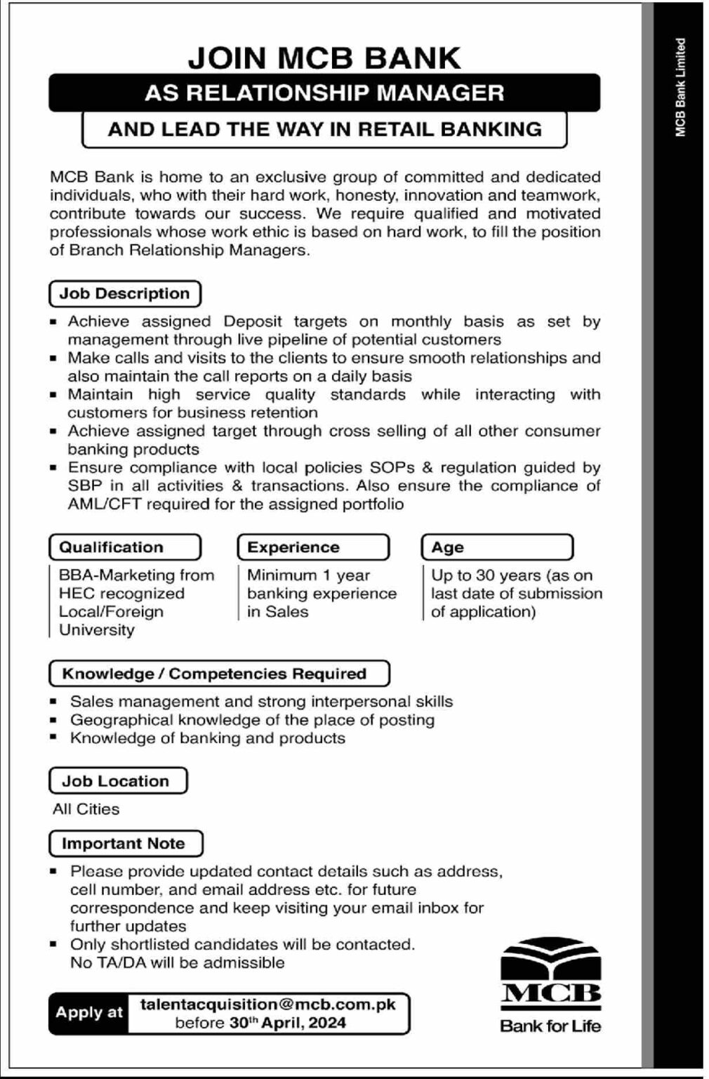 Muslim Commercial Bank MCB Relationship Manager Jobs 2024