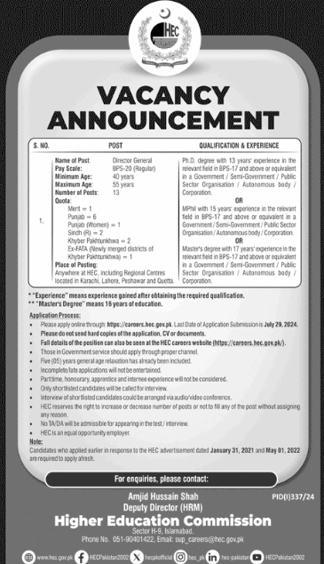 Higher Education Commission HEC July Jobs 2024